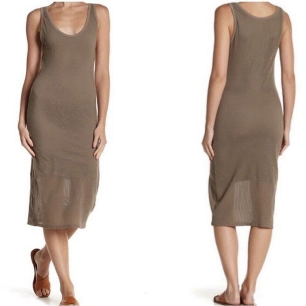 Michael Stars Midi Dress Size Large Mesh Sleeveless Tank Casual Brown Fitted NEW